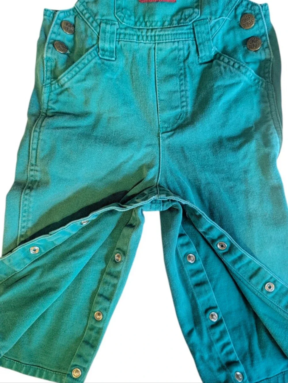 Vintage Okie‎ Dokie Teal Denim Overalls 24M Retro 90s Baby Snap Leg Romper